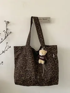 Leopard print canvas tote bag with teddy bear pendant for autumn and winter casual style