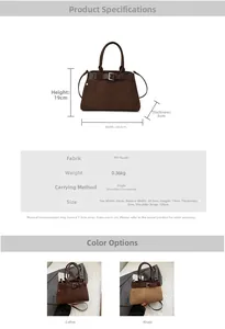 Detailed size chart and specifications for the matte PU shoulder bag with adjustable strap