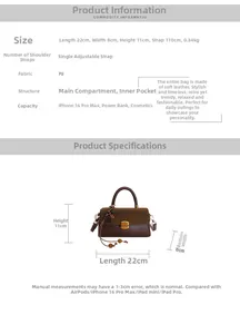 Detailed dimensions of brown vintage PU leather crossbody bag with size markings