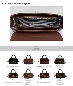 Detail view of striped lining and zipper pocket with color variants of small square bags