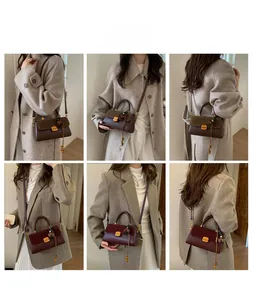 Detail shots of two-tone crossbody bag in brown and burgundy with elegant tassel accents