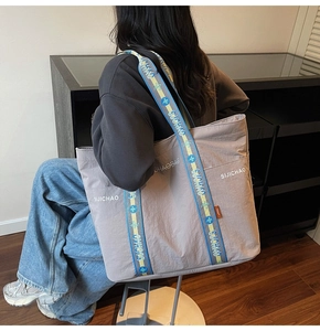 Detail der grauen Nylon-Tragetasche mit bunten Logo-Gurten und funktionalen Seitentaschen