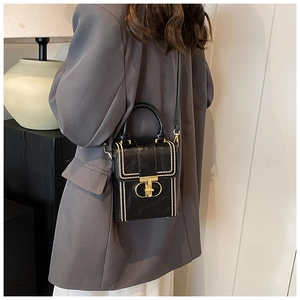 Detail of black mini crossbody bag featuring white bead trim and golden hardware