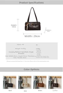 Detailed chart showing retro baguette bag dimensions 29x14x9cm and four color options