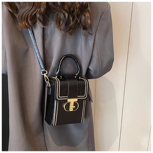 Detail of a black mini box bag with white beaded trim and a gold T-shaped clasp