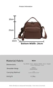 Detailed chart showing brown nylon handbag dimensions and adjustable strap features