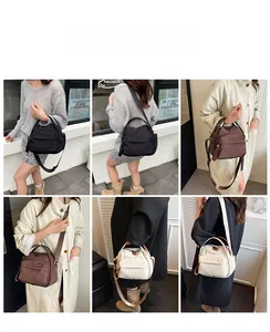 Collage of model carrying waterproof nylon crossbody bags in black, brown and beige colors