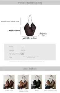 Detailed dimensions and specs of a suede tote bag with a small inner pouch
