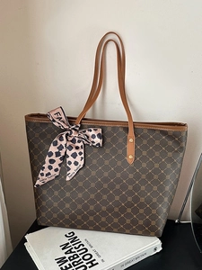 Grand Sac Cabas Vintage pour Femme en Cuir PU Monogramme Géométrique Sac à Épaule Avec Foulard Léopard Décoratif Sac Rétro sous le Bras