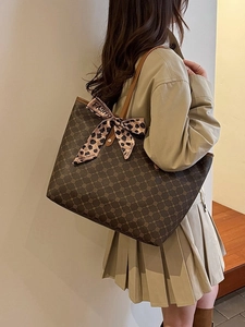 Grand sac cabas rétro marron avec motifs floraux et ruban léopard pour femmes