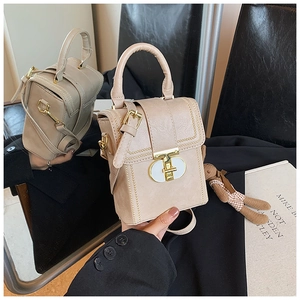 Detail of minimalist shoulder bags with gold oval twist locks and top handles in two colors