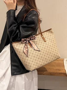 Grand sac cabas rétro à carreaux marron avec ruban décoratif élégant pour femme chic