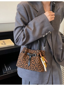 Retro leopard print frosted crossbody bucket bag with colorful bead charm for women