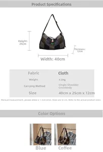Detailed spec sheet showing blue and brown plaid tote bag dimensions and fabric texture