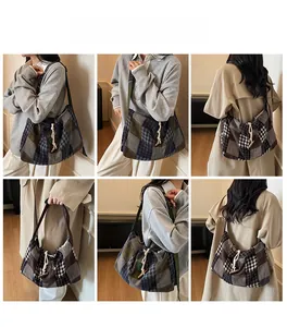 Collage of retro plaid shoulder bag showing multiple carrying styles and wood button detail