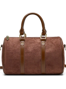 Vintage coffee brown faux suede Boston handbag with gold hardware and top handles
