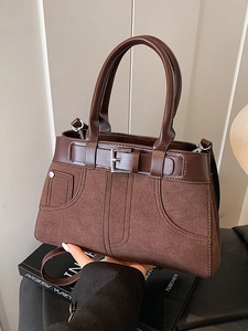 Vintage Patchwork Crossbody Bag PU Suede Bucket Tote Handbag With Adjustable Strap Retro Casual Commuter Shoulder Bag For Women