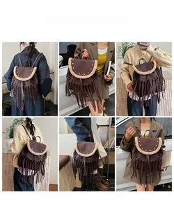 Collage of coffee brown bohemian backpack with star studs and fringe shown in street style
