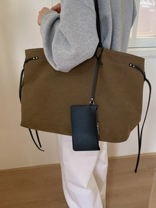 Vintage canvas tote bag with leather straps and detachable pouch for women