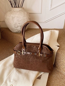 Fashionable large capacity leopard print tote bag in brown suede with leather buckle details