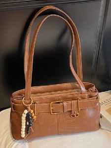Vintage Women PU Leather Underarm Bag Belt Buckle Baguette Shoulder Bag Retro Fashion Locomotive Style Daily Handbag