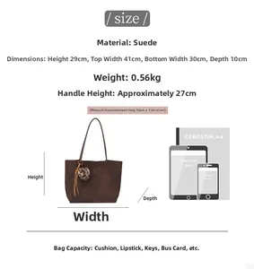 Detailed size chart for large suede tote bag with dimensions and weight specs