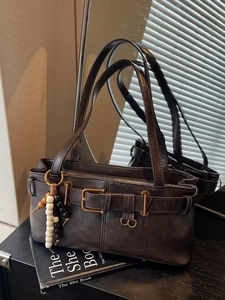 Retro dark brown buckle handbag with beaded charm and vintage motor style shoulder strap