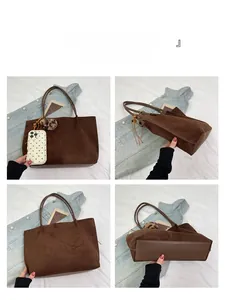 Four-way view of large dark brown tote bag showing capacity compared to a phone