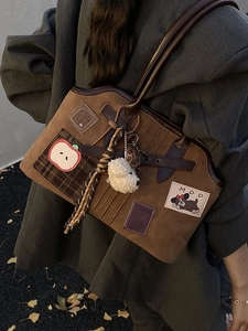 Brown tote bag with cute apple embroidery and plaid patches in a retro collegiate style