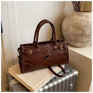 Detail of dark brown vintage handbag with oil wax texture and metallic buckle on travel case