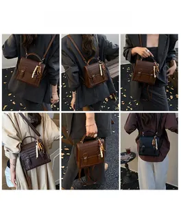Detailed views of woven crossbody bags showing adjustable straps and beaded charms
