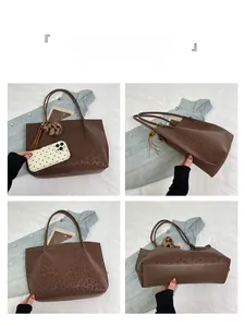 Multiple views of a large leopard print tote bag with soft faux leather and pom-pom charm
