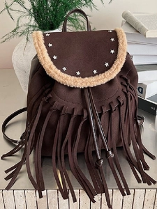 Bohemian Tassel Backpack For Women Vintage PU Suede Star Rivets Faux Fur Trim Large Capacity Casual Travel Daypack Backpack