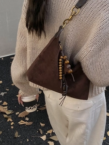Retro dark brown suede underarm bag with beaded tassels and vintage brass hardware