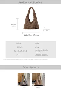 Size chart and color display for plush crossbody bag with chain and faux fur fabric