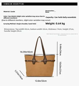 Detailed size chart for the suede tote bag showing dimensions and carrying capacity