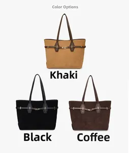 Three large suede tote bags shown in khaki, black, and coffee with gold buckle details