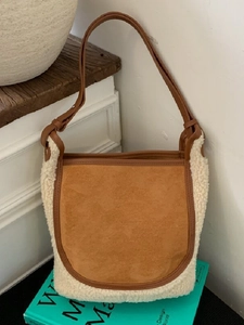 Borsa a Spalla Casual da Donna in Camoscio e Lana di Agnello Artificiale Grande Capacità Vintage Secchiello Tote
