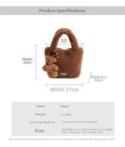 Detailed size chart of a brown plush bucket bag with cute bear charm and dimensions