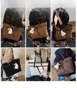 Detailed views of leopard print tote bag with plush bear charm in multiple colors