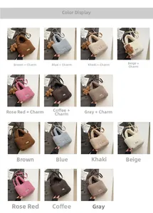 Detail view of fuzzy lamb wool bucket bags in seven colors with teddy bear charms