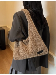 Fuzzy dark brown plush tote bag with logo patch for women's autumn and winter fashion