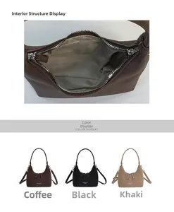 Detail view of suede underarm bag showing interior lining and three color options
