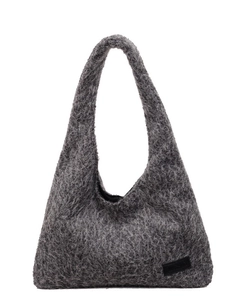Grey plush hobo shoulder bag with fuzzy faux fur and integrated wide strap