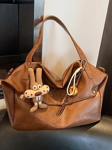 Vintage High-End Large Capacity PU Tote Bag Women 2026 New Simple Underarm Bag Versatile Shoulder Bag With Plush Rabbit Pendant