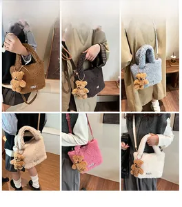 Detailed grid showing faux fur bucket bags in six colors with teddy bear charms