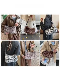 Collage of chic leopard print plush shoulder bags shown with trendy model outfits