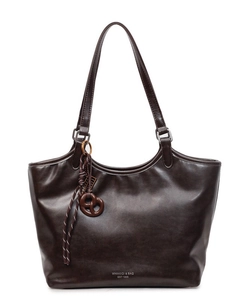 Retro dunkelbraune Leder-Tragetasche mit Markenlogo und Vintage-Knoten-Anhänger-Zubehör