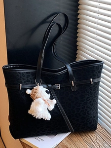 Women Large Capacity PU Leather Tote Bag Fashion Leopard Print Shoulder Bag Retro Casual Handbag With Plush Pendant For Daily