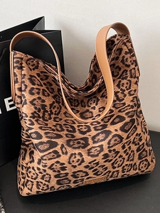 Fashion Women Leopard Print Large Capacity Tote Bag Trendy Grid Printed PU Leather Shoulder Bag Casual Daily Work Commuter Handbag